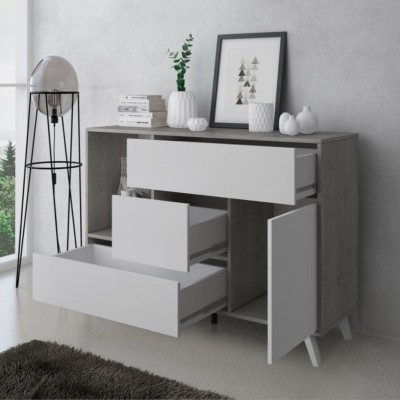 Móvel cinza com gavetas brancas aberto numa sala com decoração