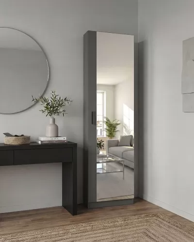 Armário alto cinzento com porta espelhada ao lado de secretária preta com vaso e livros, numa sala com chão de madeira e tapete bege.