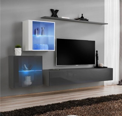Conjunto de móveis de sala com iluminação LED azul e televisão