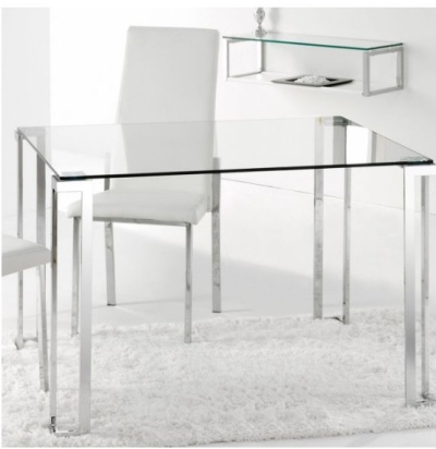 Mesa de jantar em vidro com pernas de metal e cadeira branca