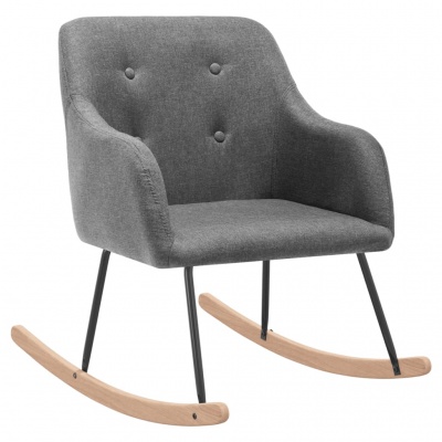 Cadeirão baloiço cinzento com estrutura metálica e bases em madeira clara