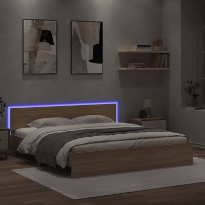 Quarto com cama de madeira clara com cabeceira iluminada a azul e decoração minimalista