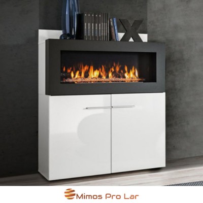 Lareira elétrica moderna em armário branco com chama visível