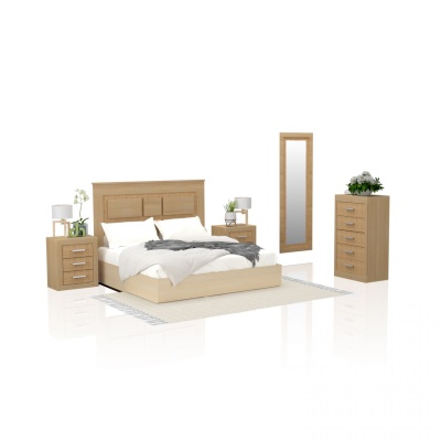 Conjunto de mobiliário de quarto em madeira clara com cama, criados-mudos, espelho e cómoda.
