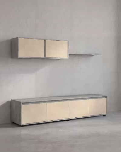 Móveis modernos para sala com armário baixo e móvel suspenso em cores creme e cinza