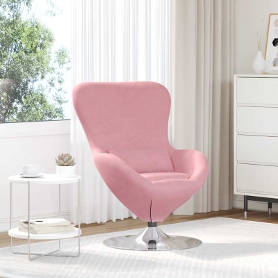 Cadeira rosa de escritório com base metálica redonda à frente de cortinas brancas numa sala iluminada