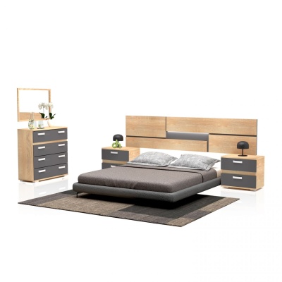 Conjunto de mobiliário de quarto com cama cinzenta, mesas de cabeceira cinzentas e cómoda com espelho e flores