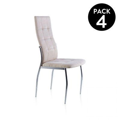Cadeira estofada bege com pernas metálicas cromadas e selo PACK 4