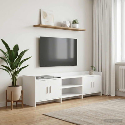 Móvel televisão branco com plantas, prateleira de madeira e televisão de ecrã plano em sala luminosa