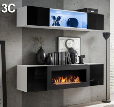 Móveis suspensos preto e branco com lareira elétrica e decoração