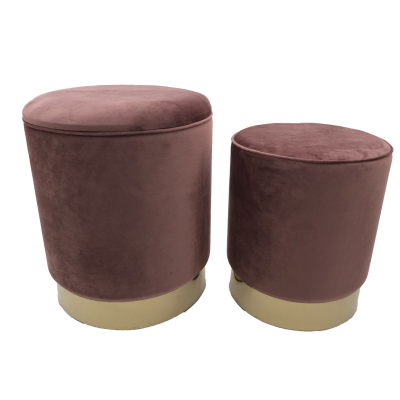 Conjunto de dois pufes redondos castanho-rosados com base dourada