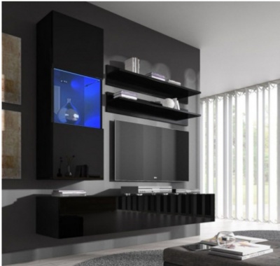 Móvel de parede preto brilhante com prateleiras e iluminação azul numa sala moderna