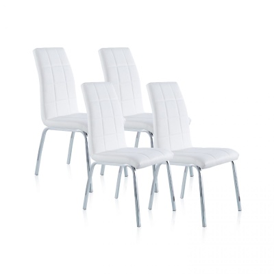Conjunto de quatro cadeiras estofadas em couro branco e pernas cromadas