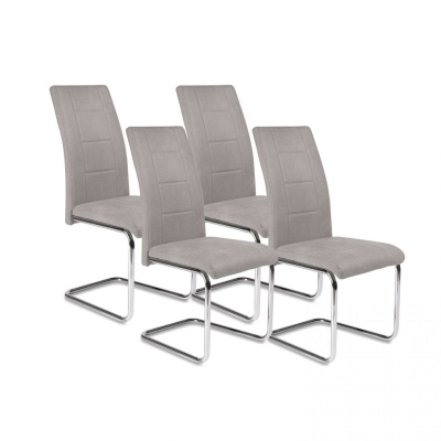 Conjunto de quatro cadeiras cinza claro com estrutura em metal cromado