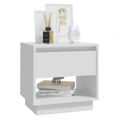 mesa de cabeceira branca com gaveta, livros, objeto decorativo, difusor, quadros decorativos e relógio branco