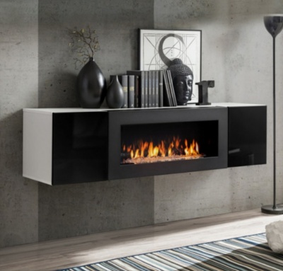 Móvel suspenso com lareira eletrónica e decoração em ambiente moderno