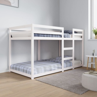 Cama dupla beliche branca com roupa de cama xadrez cinza e azul