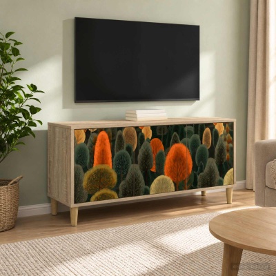 Móvel com padrão colorido de árvores, televisão na parede e planta verde