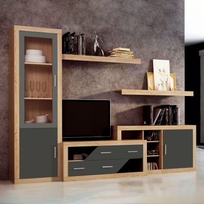 Móvel de sala moderno em madeira clara com portas cinza e vidro