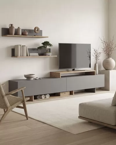 Móvel TV cinzento com prateleiras de madeira clara e decoração minimalista numa sala acolhedora