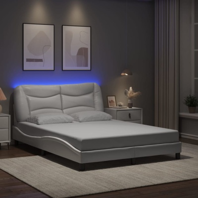 Quarto moderno com cama estofada cinza clara e iluminação azul