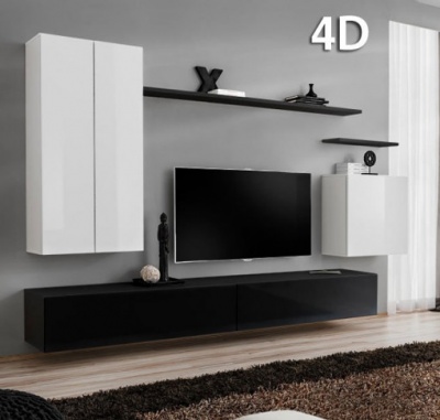 Mobília de sala moderna com televisão e armários brancos e pretos