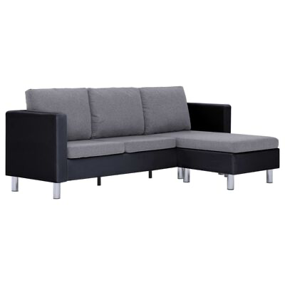 Sofá chaise longue preto com almofadas cinzentas e pernas metálicas prateadas