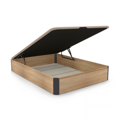 Base de cama elevatória em madeira clara com tampo preto