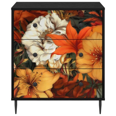 Cómoda preta com padrão floral laranja nas gavetas