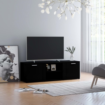 Móvel para TV preto com TV num ambiente de sala moderna