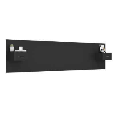 Painel de parede preto com duas pequenas prateleiras laterais e gavetas