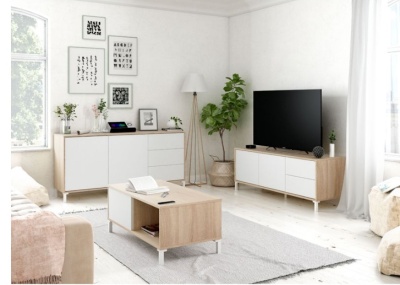 Sala de estar com móveis de madeira clara e branco, plantas, candeeiro de pé e quadros decorativos nas paredes