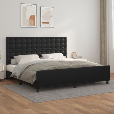 Cama de casal preta estofada com cabeceira em couro, roupa de cama clara, dois quadros abstratos e decoração de quarto minimalista.