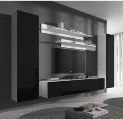 Móvel suspenso preto e branco com televisão e prateleiras numa sala moderna