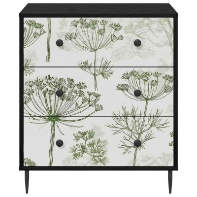 Cômoda preta com padrão floral verde e fundo branco