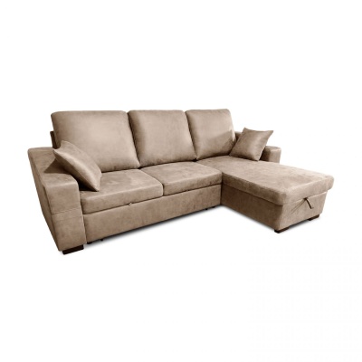 Sofá chaise longue castanho claro com almofadas