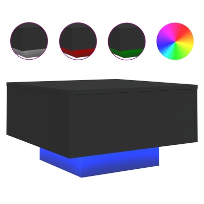 Mesa quadrada preta com base iluminada azul e opções de cores mostradas acima
