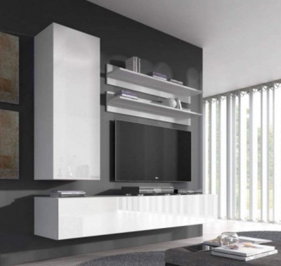 Móvel de sala branco moderno com televisão na parede cinzenta