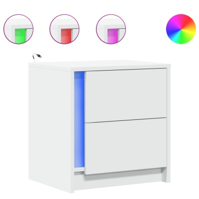 Criado-mudo branco com dois gavetões e luz LED colorida lateral