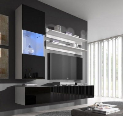 Móvel de sala moderno preto e branco com televisão e prateleiras