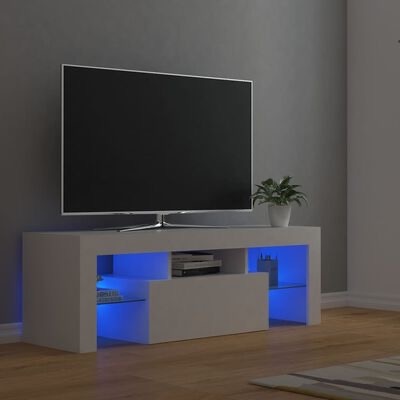 Móvel de TV branco com iluminação azul, televisão de ecrã plano e planta em vaso