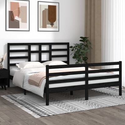 Cama preta de metal com roupa branca e manta bege em quarto minimalista com decoração abstrata e planta