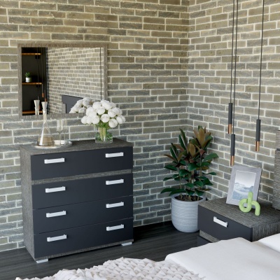 Quarto com mobília preta, paredes de tijolo cinza, planta e objetos decorativos