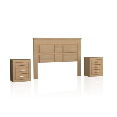 Conjunto de móvel de quarto em madeira clara com cabeceira e duas mesas de cabeceira com gavetas.