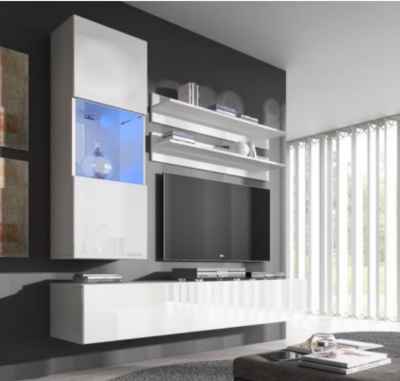 Móvel de sala moderno branco lacado com iluminação azul e televisão num ambiente contemporâneo