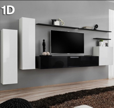 Conjunto de móveis suspensos em preto e branco na sala de estar