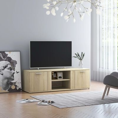 Móvel de TV em madeira clara com televisão negra e decoração minimalista