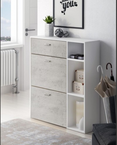 Móvel de arrumação branco com gavetas cinza claro e prateleiras em ambiente interior