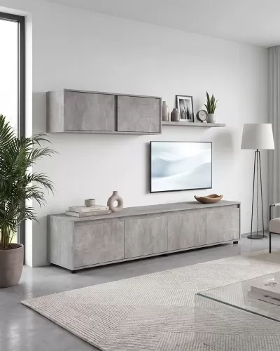 Móvel de sala de estar cinza com textura de cimento e decoração minimalista