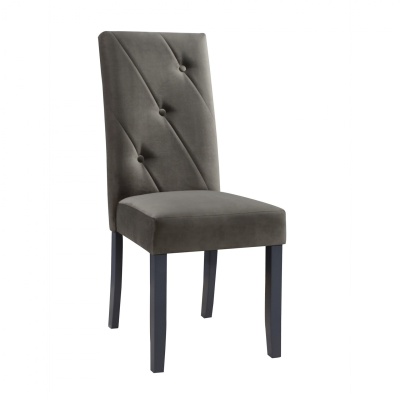 cadeira estofada cinza escuro com pernas de madeira preta